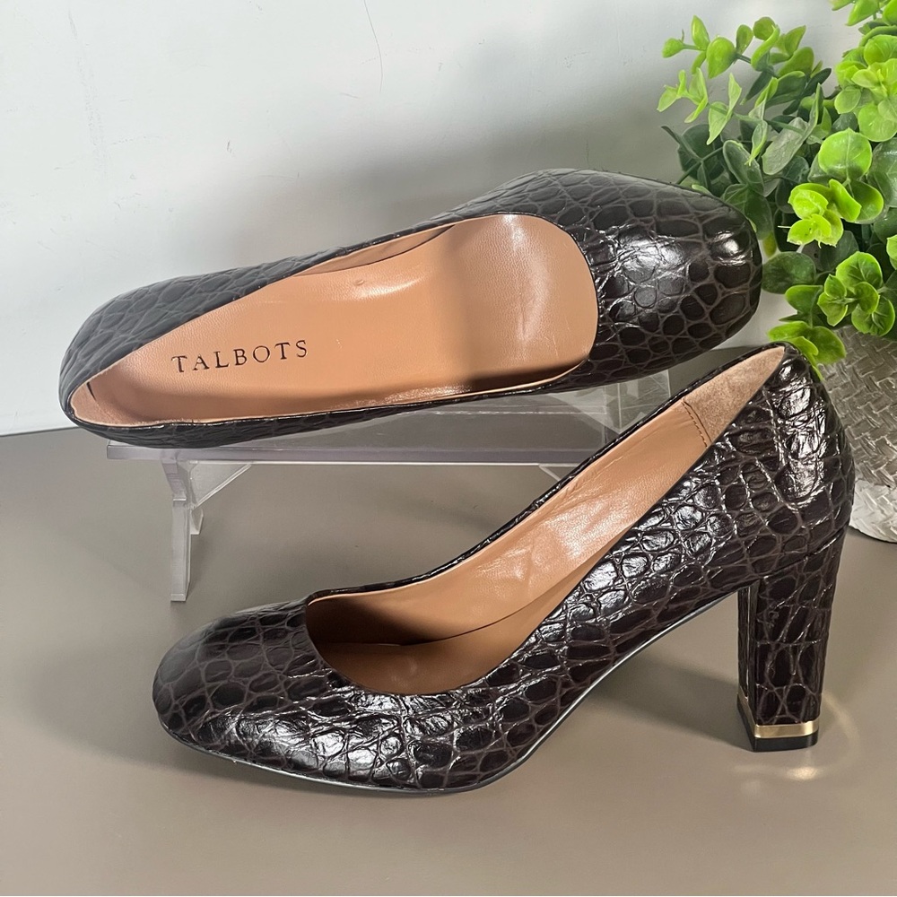 TALBOTS Brown Animal Print Leather Square Toe Chunky Heel Pumps Size 7.5